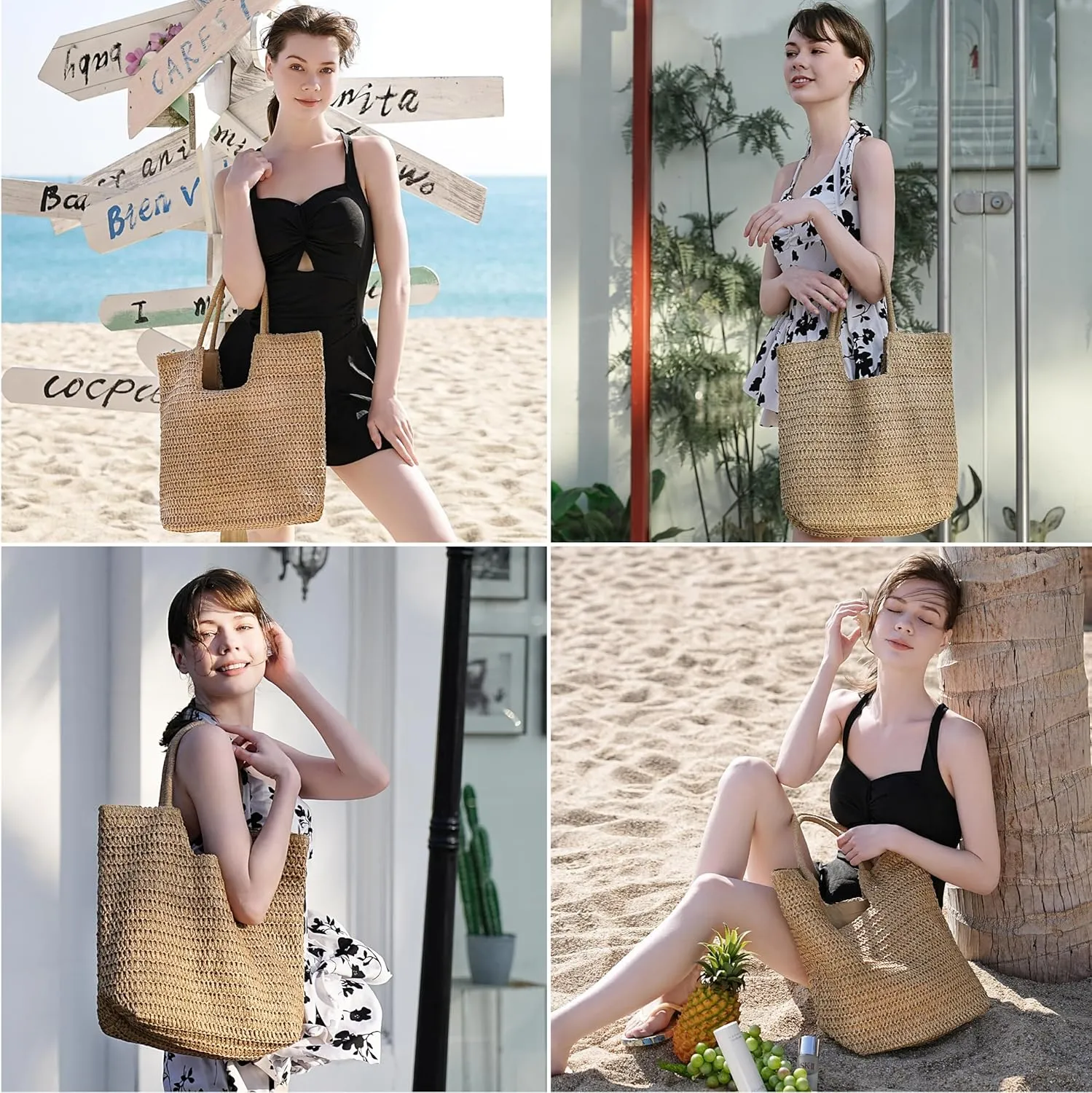 Straw Beach Bags for Women - Summer Woven Tote Bag Shoulder Handbags, Large Beach Bag for Women for Holiday