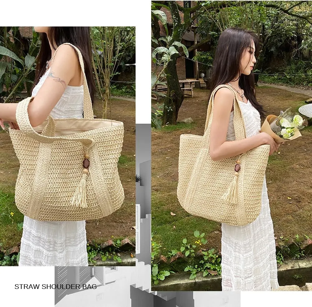 Straw Beach Bags for Women Woven Beach Tote Bag Casual Boho Large Shoulder Handbags Purse for Vacation Holiday
