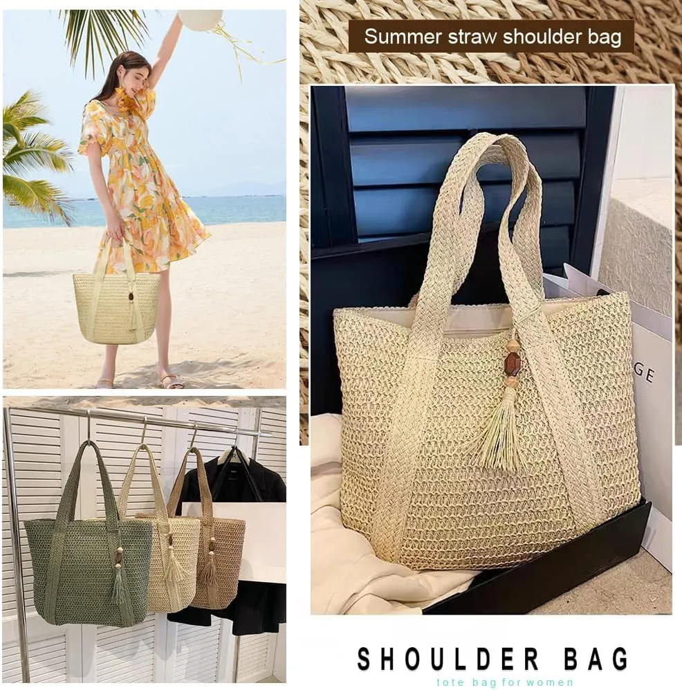 Straw Beach Bags for Women Woven Beach Tote Bag Casual Boho Large Shoulder Handbags Purse for Vacation Holiday