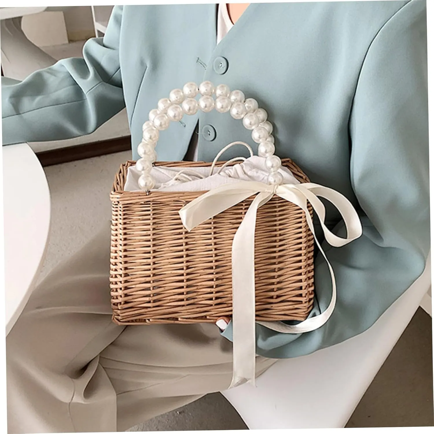 Straw Beach Bags,Summer Clutches Rattan Woven Wicker Purse Crochet Tote with Pearl Handle and Bow(A)