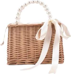 Straw Beach Bags,Summer Clutch,Rattan Woven Wicker Purse Crochet Tote with Pearl Handle and Bow(A)