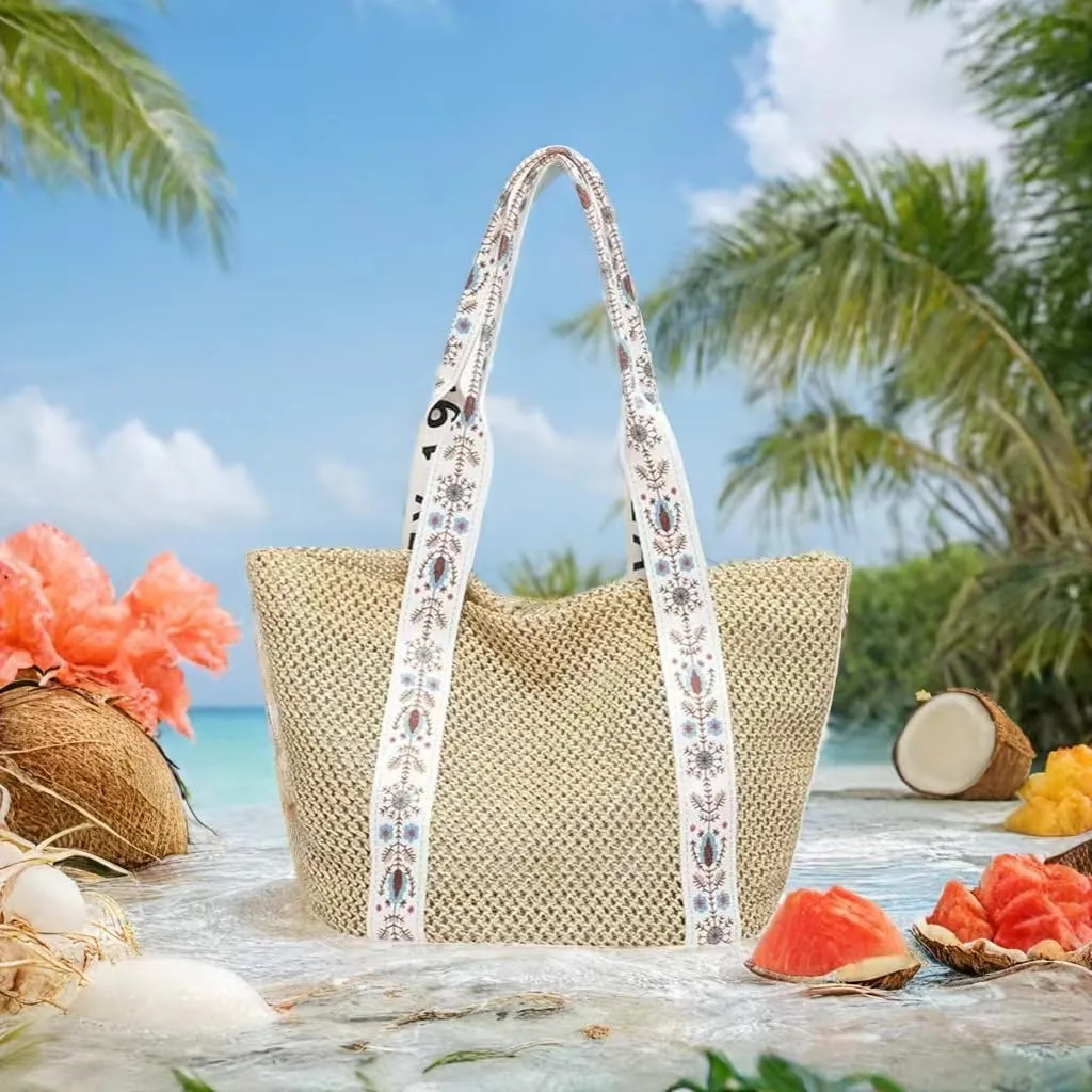 Straw Beach Tote Bag for Women, Summer Woven Large Size Waterproof Boho Style Bag for Shopping Travel Vacation
