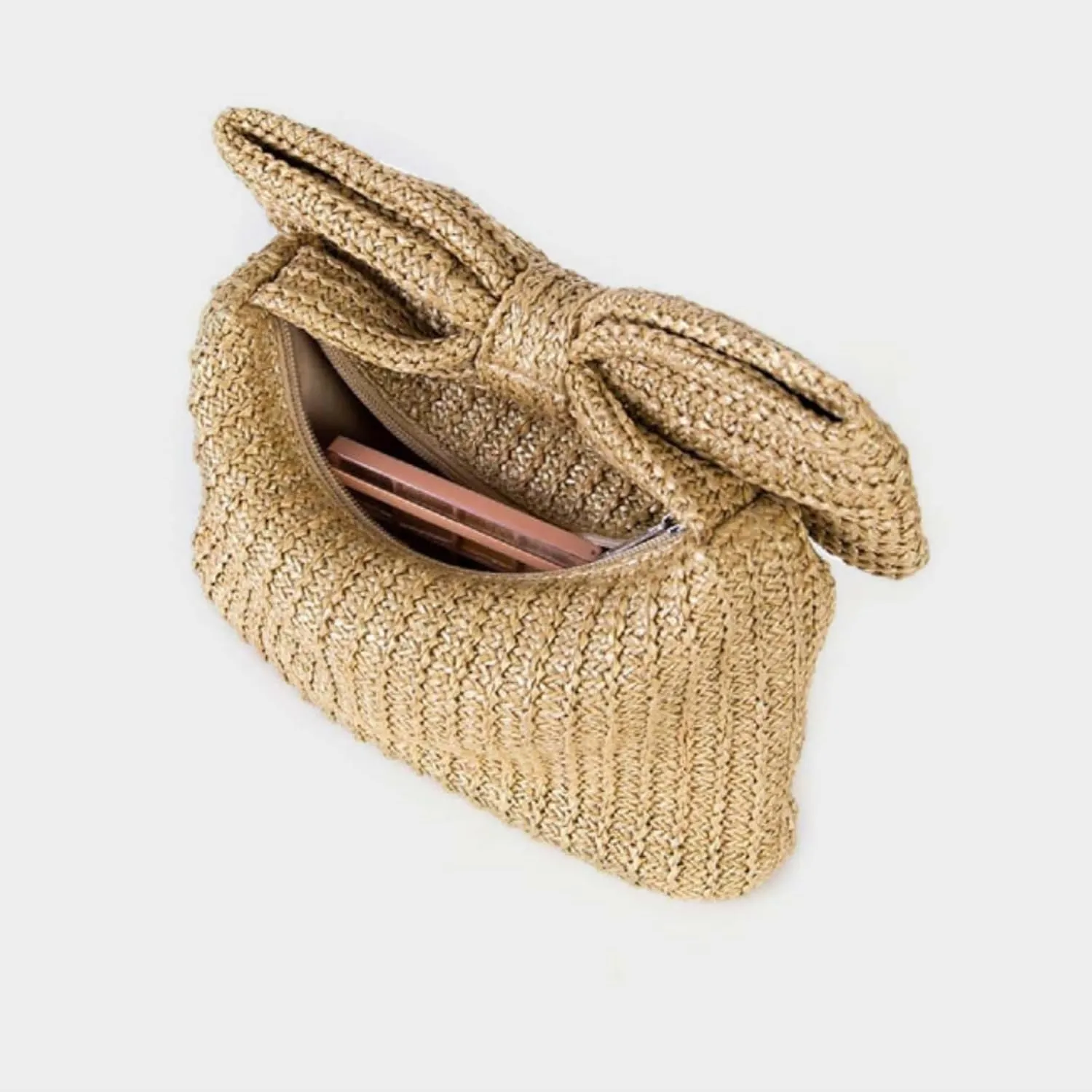 Straw Clutch for Women, Trendy Woven Handbag Bow Purse Handmade Summer Bag Stylish Cute Beach Wallet for Vocation