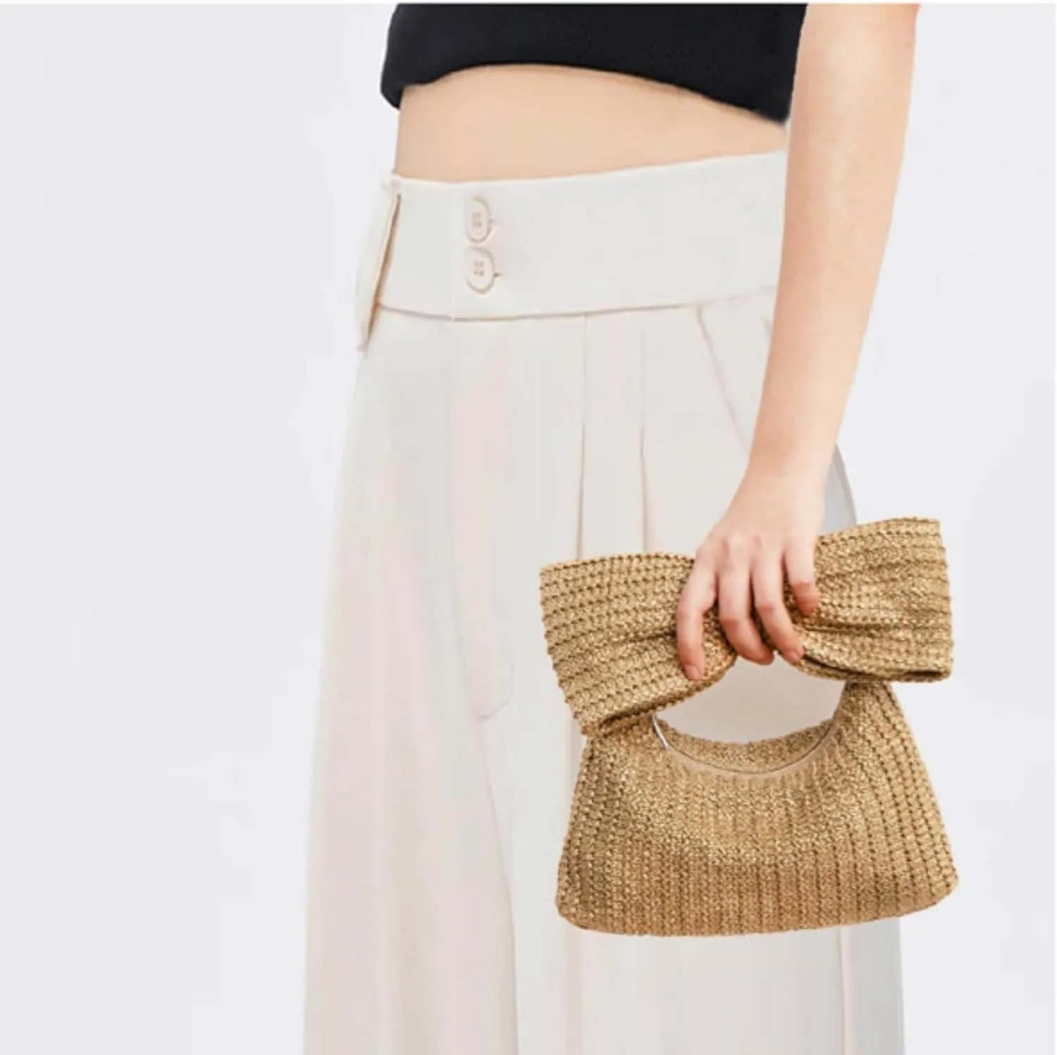 Straw Clutch for Women, Trendy Woven Handbag Bow Purse Handmade Summer Bag Stylish Cute Beach Wallet for Vocation