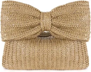 Straw Clutch for Women, Trendy Woven Handbag Bow Purse Handmade Summer Bag Stylish Cute Beach Wallet for Vocation