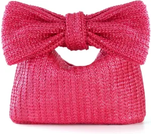 Straw Clutch for Women, Trendy Woven Handbag Bow Purse Handmade Summer Bag Stylish Cute Beach Wallet for Vocation