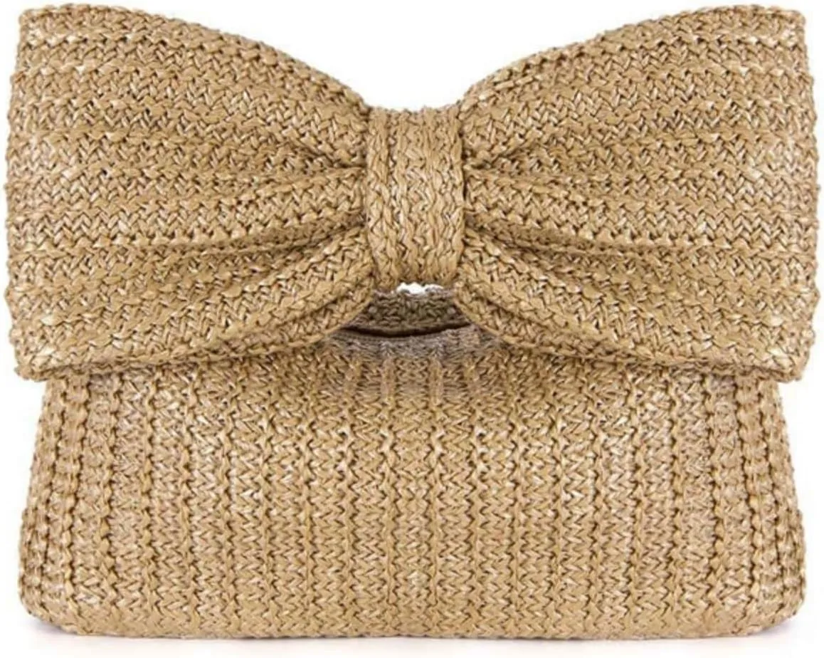 Straw Clutch for Women, Trendy Woven Handbag Bow Purse Handmade Summer Bag Stylish Cute Beach Wallet for Vocation