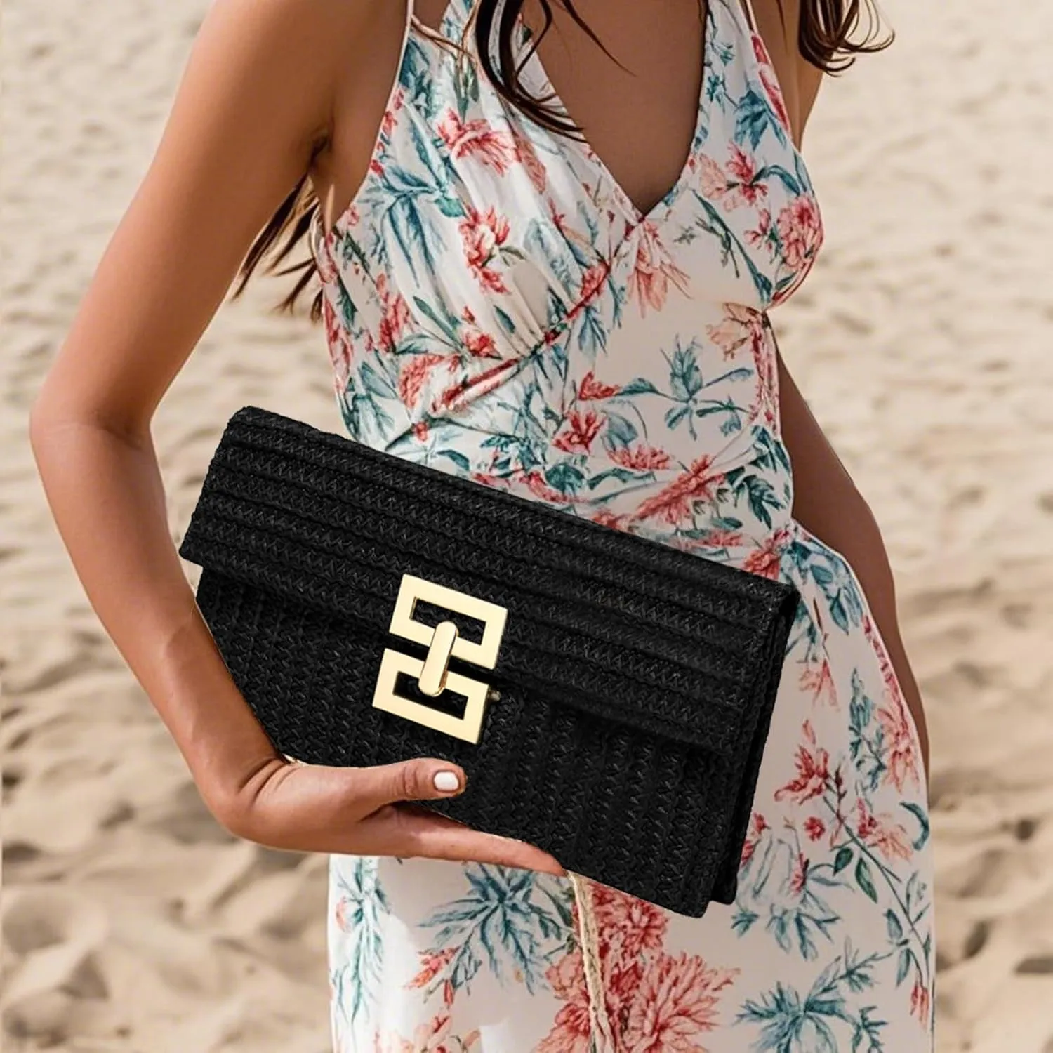 Straw Clutch Purse Crossbody Bag for Women Designer Evening Handbag Casual Summer Beach Straw Shoulder Bag