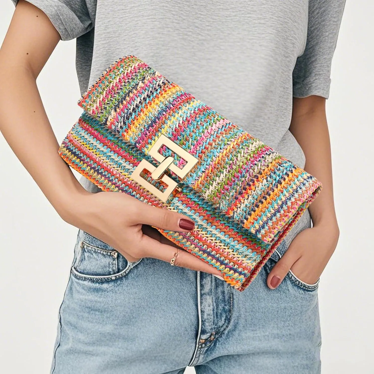 Straw Clutch Purse Crossbody Bag for Women Designer Evening Handbag Casual Summer Beach Straw Shoulder Bag