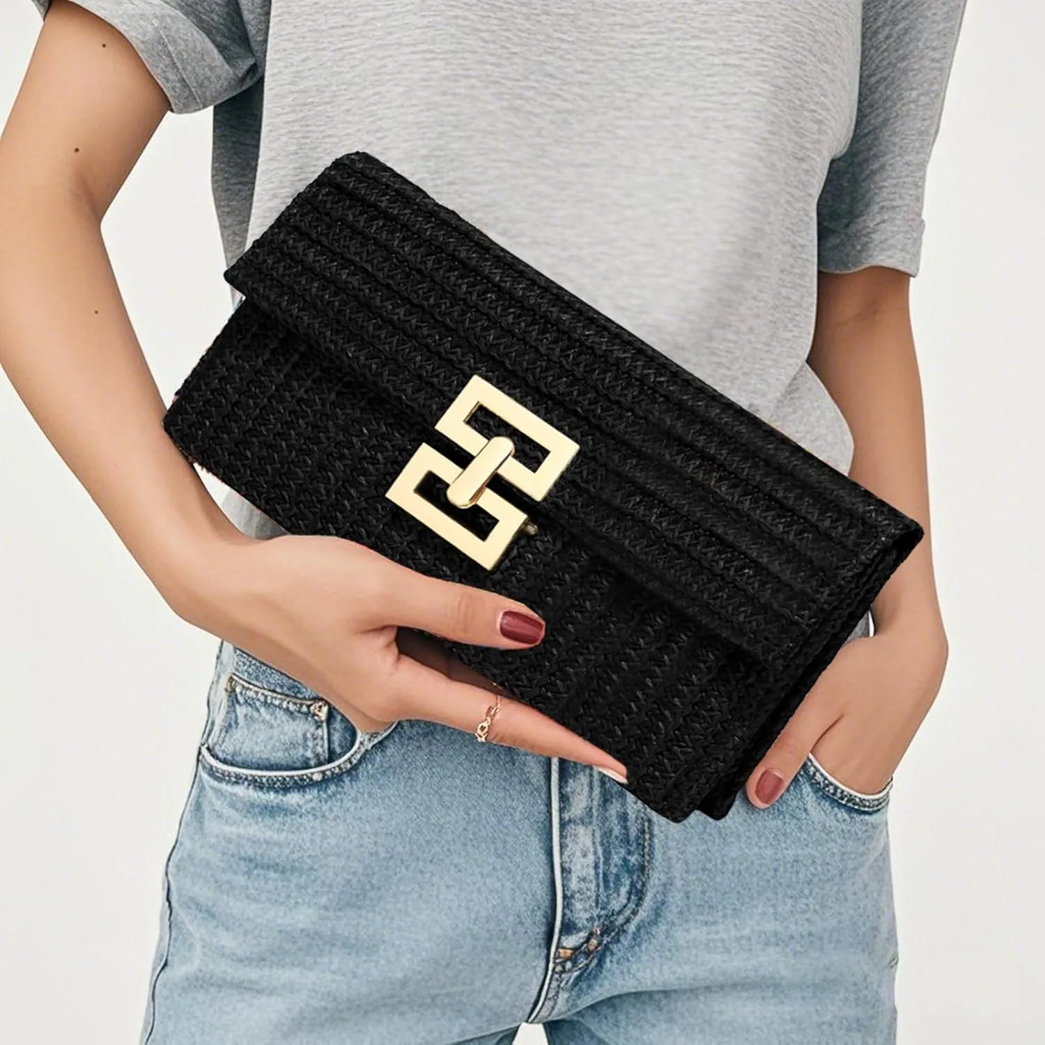 Straw Clutch Purse Crossbody Bag for Women Designer Evening Handbag Casual Summer Beach Straw Shoulder Bag