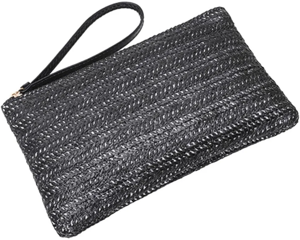 Straw Clutch Wallet, Woven Handbag Summer Beach Purse with Zipper Wallet Wicker Rattan Envelope Bag Bohemian Bag for Women Travel