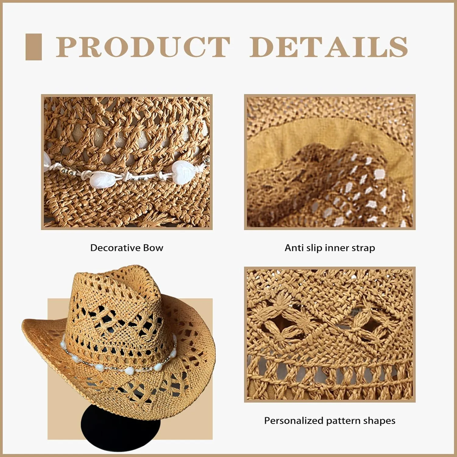 Straw Cowboy Hats for Women, Western Cowgirl Hat, Beach Hat Sun Hat with Shapeable Brim Shapeable Cowboy Hat