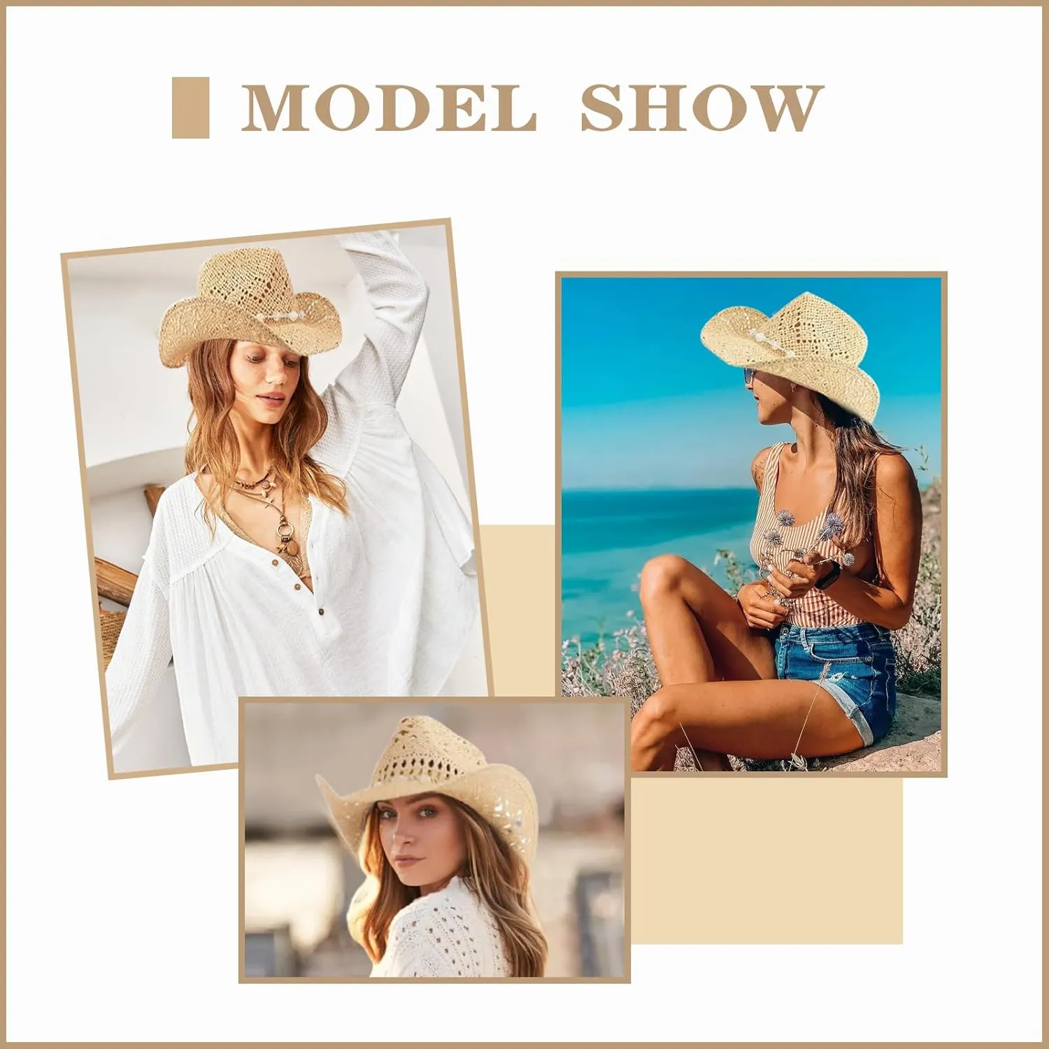 Straw Cowboy Hats for Women, Western Cowgirl Hat, Beach Hat Sun Hat with Shapeable Brim Shapeable Cowboy Hat