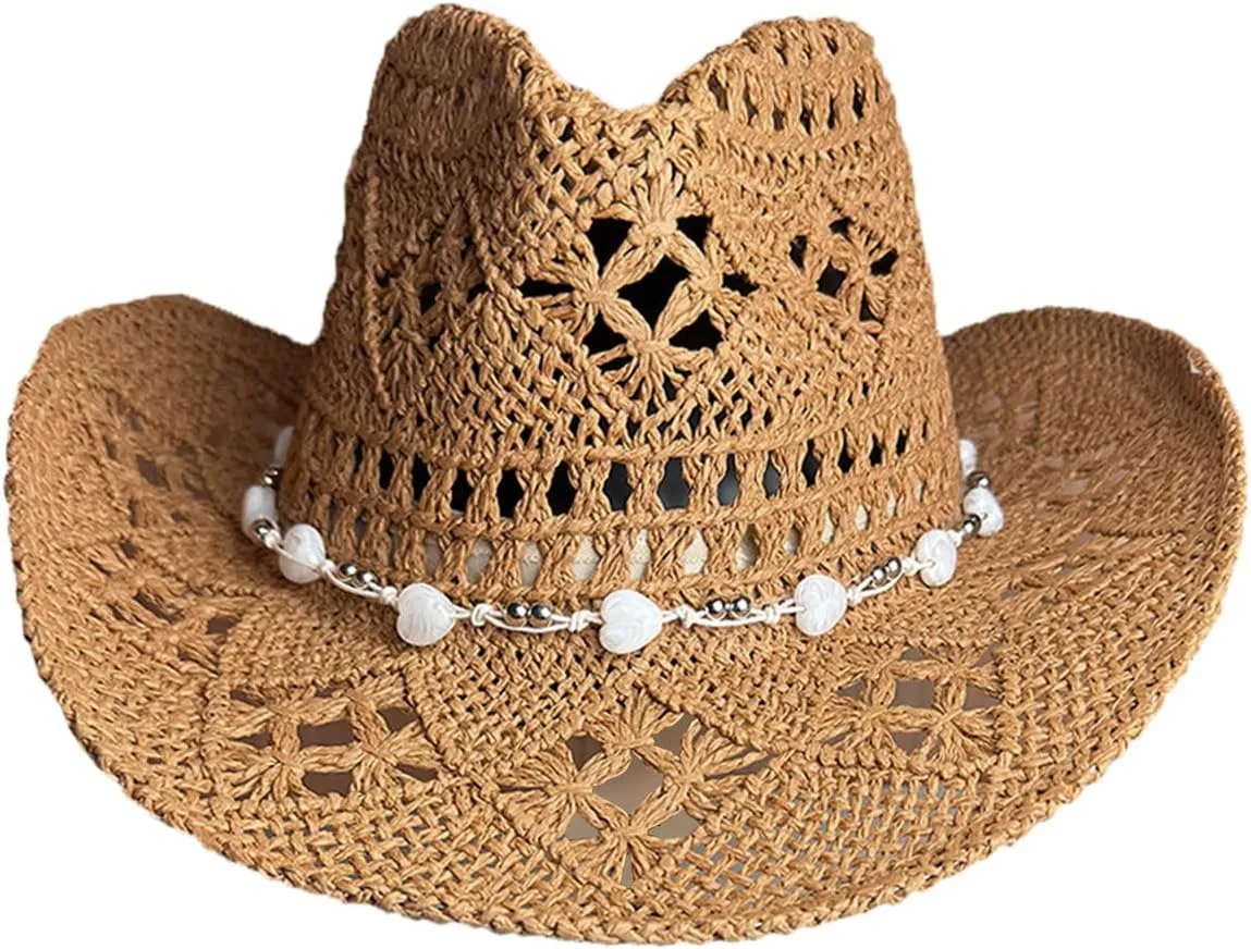 Straw Cowboy Hats for Women, Western Cowgirl Hat, Beach Hat Sun Hat with Shapeable Brim Shapeable Cowboy Hat