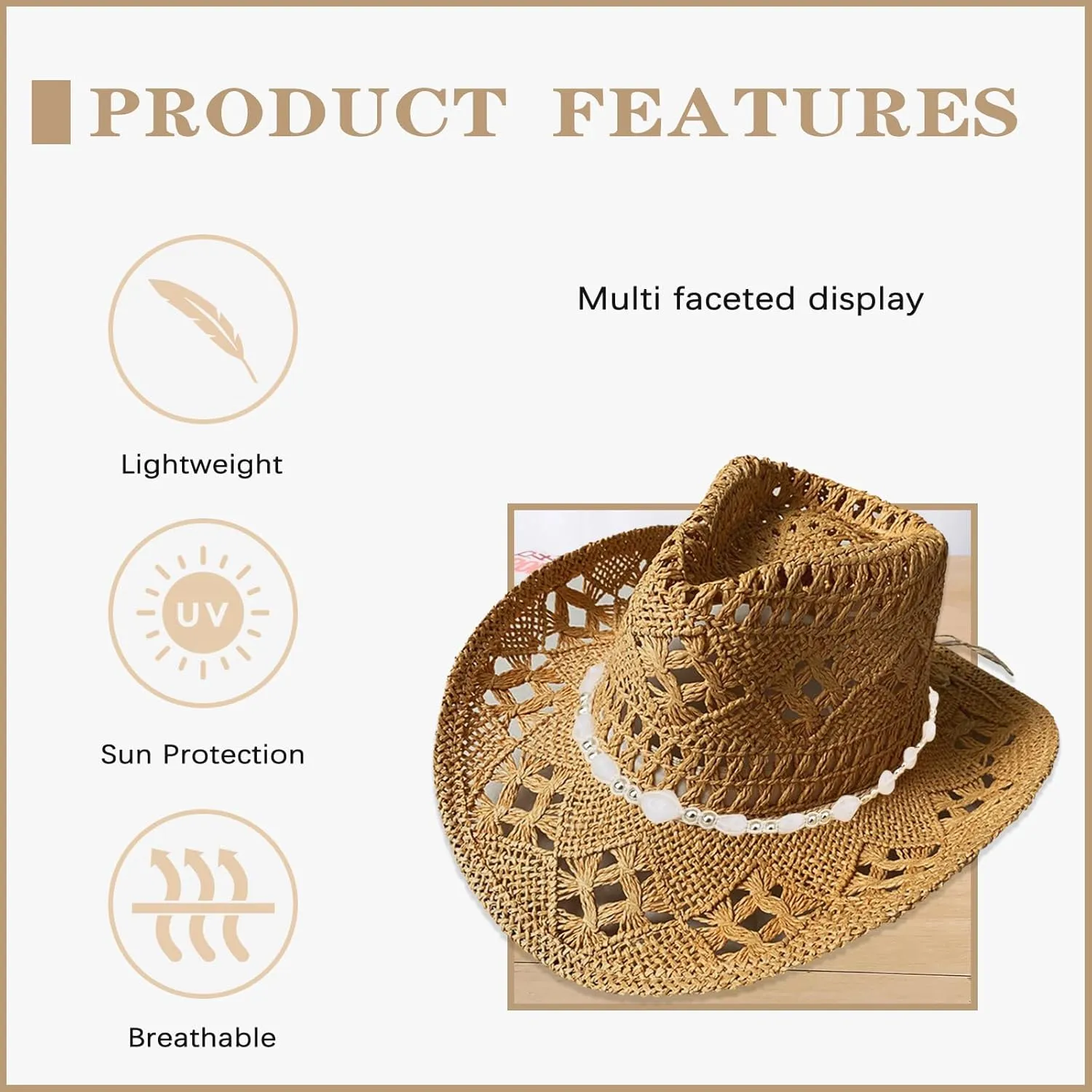 Straw Cowboy Hats for Women, Western Cowgirl Hat, Beach Hat Sun Hat with Shapeable Brim Shapeable Cowboy Hat