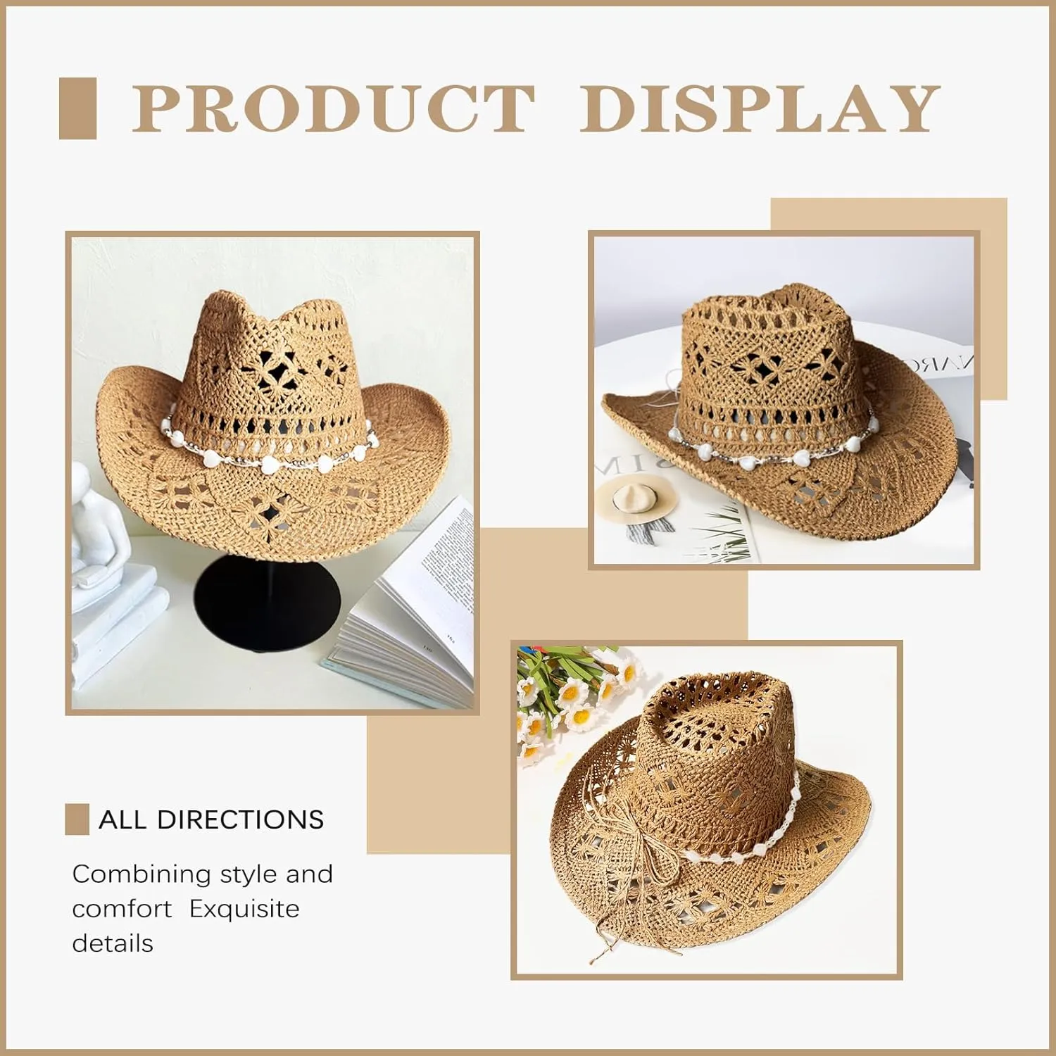 Straw Cowboy Hats for Women, Western Cowgirl Hat, Beach Hat Sun Hat with Shapeable Brim Shapeable Cowboy Hat