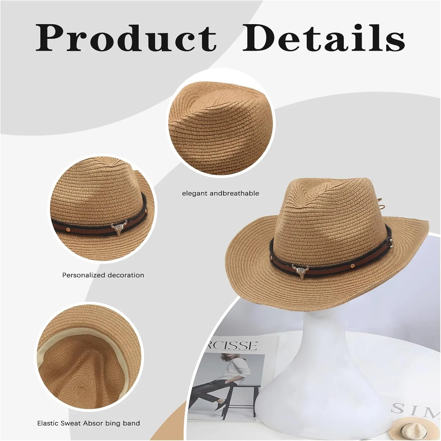 Straw Cowboy Hats Straw Cowgirl Hat for Women Men Wide with Shapeable Wide Brim Foldable Vacation Beach Sun Hat