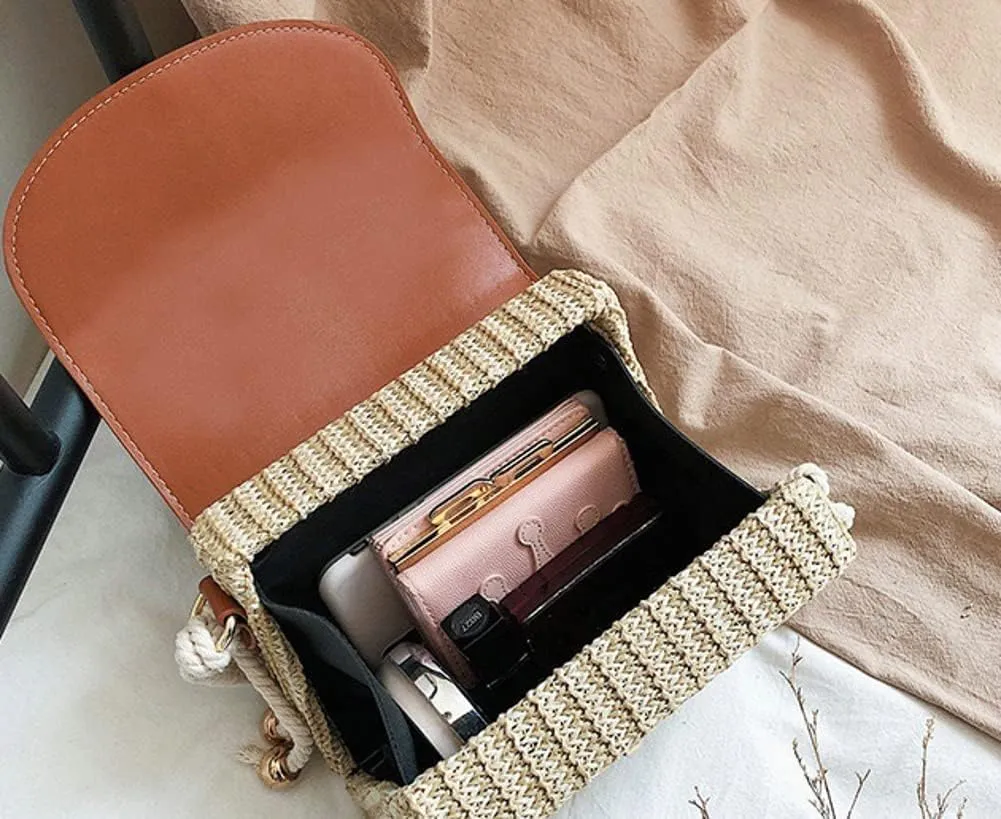 Straw Crossbody Bag for Women Hand Woven Shoulder Bag Leather Top Handle Small Boho Purse Rattan Beach Handbags