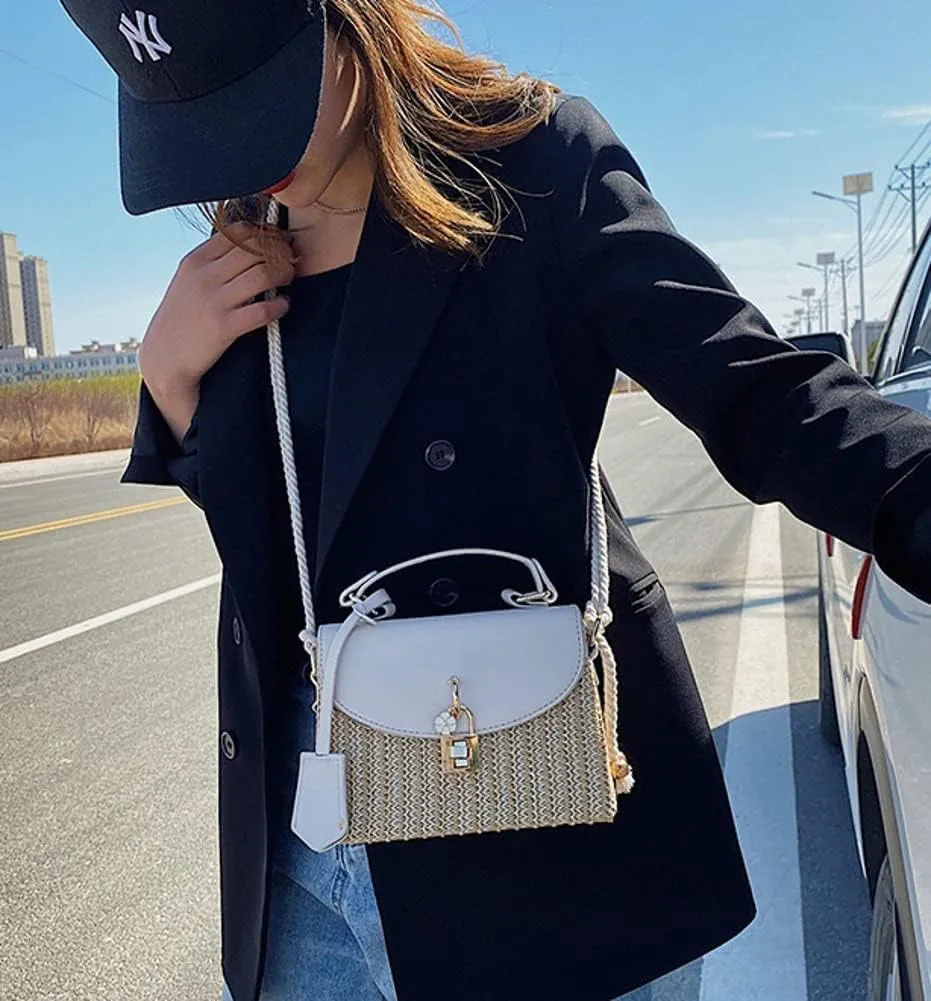 Straw Crossbody Bag for Women Hand Woven Shoulder Bag Leather Top Handle Small Boho Purse Rattan Beach Handbags