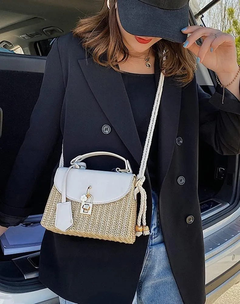 Straw Crossbody Bag for Women Hand Woven Shoulder Bag Leather Top Handle Small Boho Purse Rattan Beach Handbags