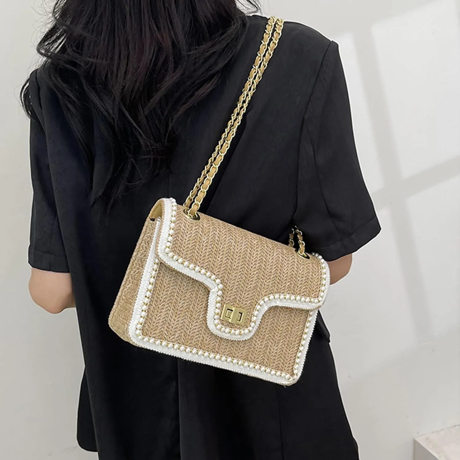 Straw Crossbody Bags for Women, Summer Fashion Straw Purses and Handbags Shoulder Raffia Clutch Bag with Pearls