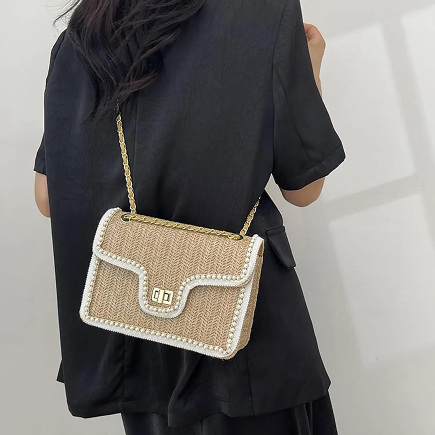 Straw Crossbody Bags for Women, Summer Fashion Straw Purses and Handbags Shoulder Raffia Clutch Bag with Pearls
