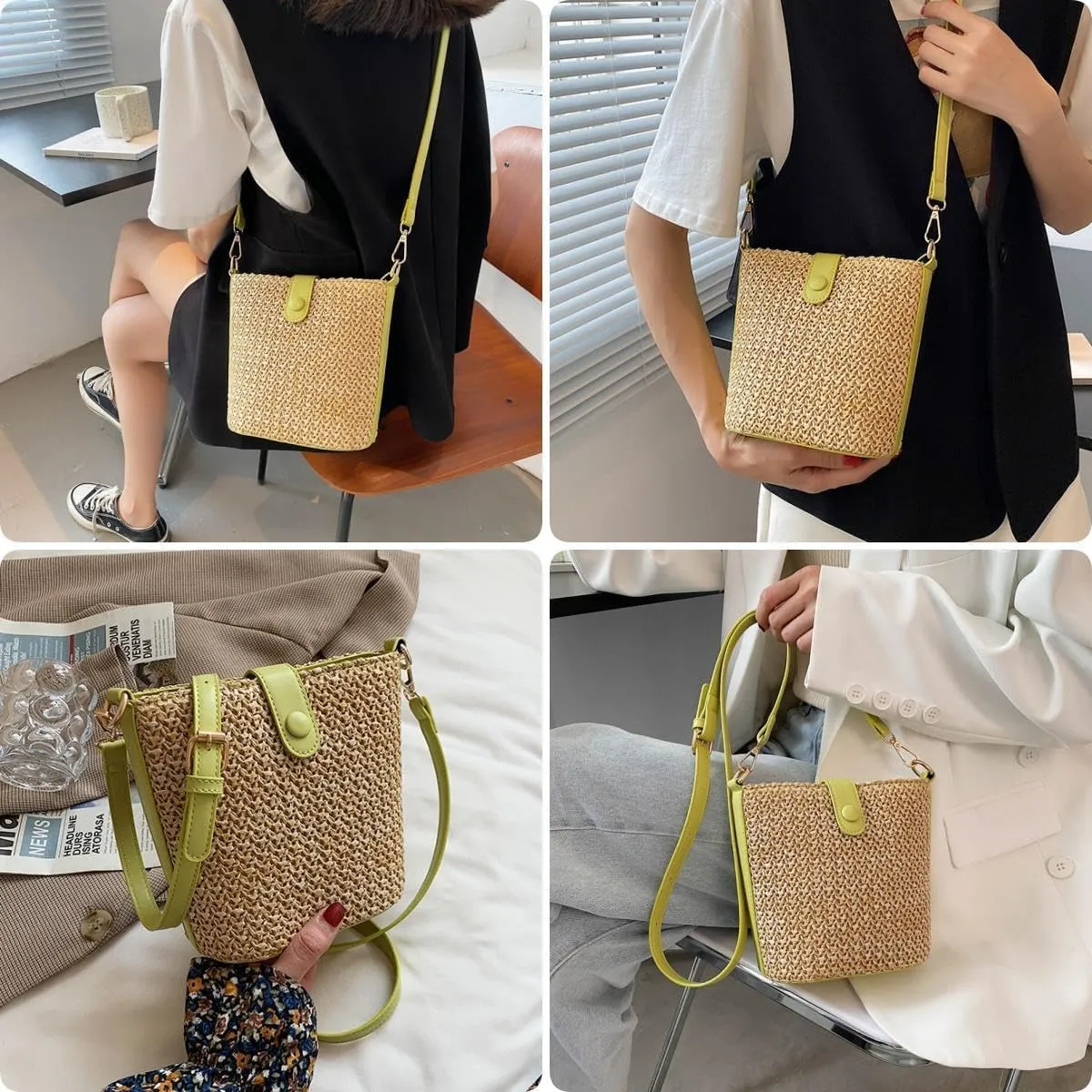 Straw Crossbody Bags for Women Trendy Beach Handmade Rattan Shoulder Bags Woven Leather Straps Clutch Purse Vacation