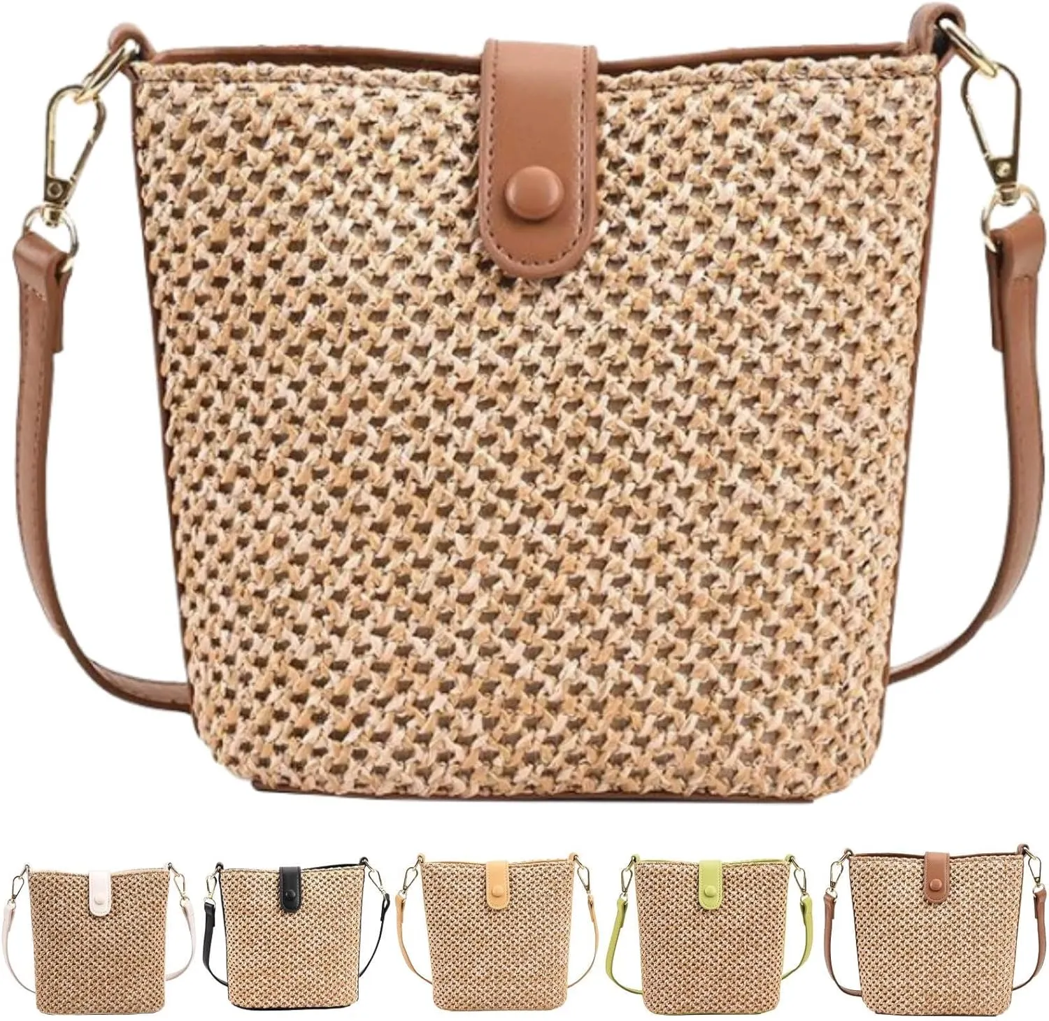 Straw Crossbody Bags for Women Trendy Beach Handmade Rattan Shoulder Bags Woven Leather Straps Clutch Purse Vacation