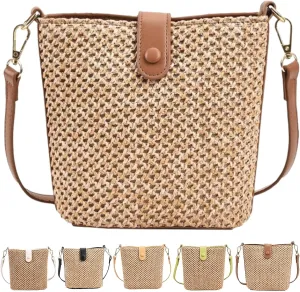 Straw Crossbody Bags for Women Trendy Beach Handmade Rattan Shoulder Bags Woven Leather Straps Clutch Purse Vacation