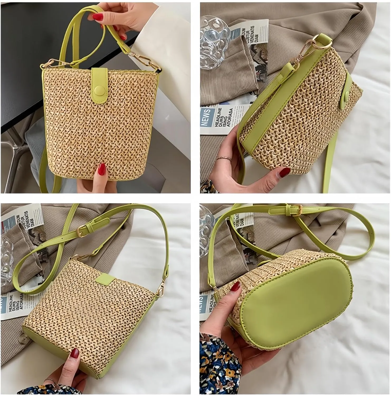 Straw Crossbody Bags for Women Trendy Beach Handmade Rattan Shoulder Bags Woven Leather Straps Clutch Purse Vacation