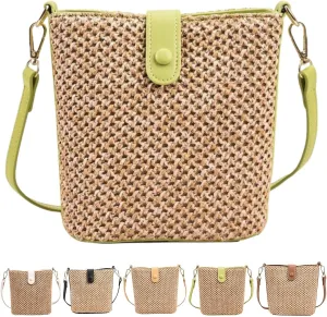 Straw Crossbody Bags for Women Trendy Beach Handmade Rattan Shoulder Bags Woven Leather Straps Clutch Purse Vacation