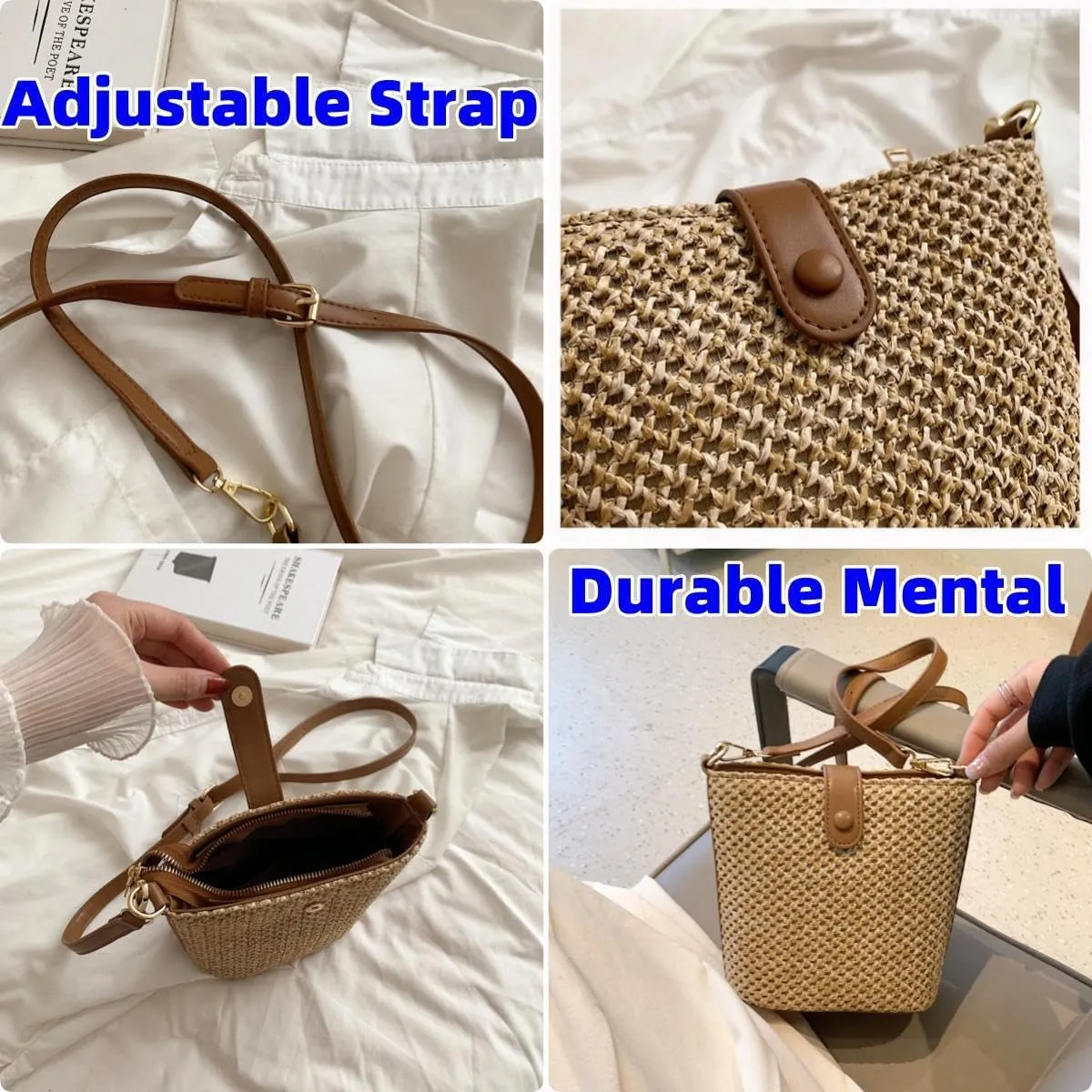 Straw Crossbody Bags for Women Trendy Beach Handmade Rattan Shoulder Bags Woven Leather Straps Clutch Purse Vacation