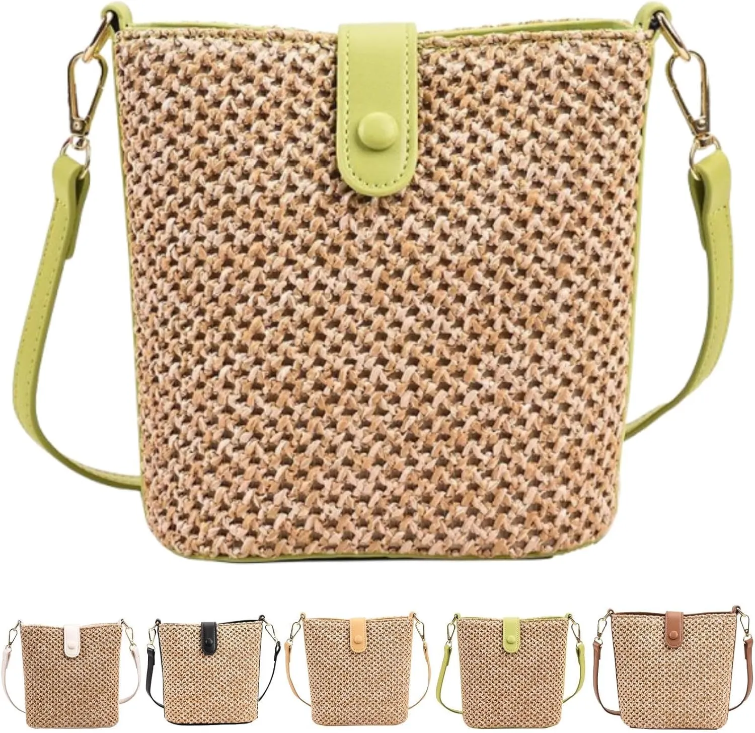 Straw Crossbody Bags for Women Trendy Beach Handmade Rattan Shoulder Bags Woven Leather Straps Clutch Purse Vacation