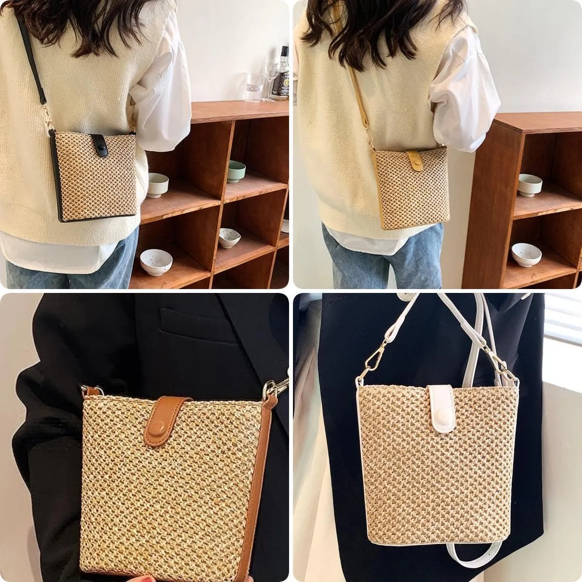 Straw Crossbody Bags for Women Trendy Beach Handmade Rattan Shoulder Bags Woven Leather Straps Clutch Purse Vacation