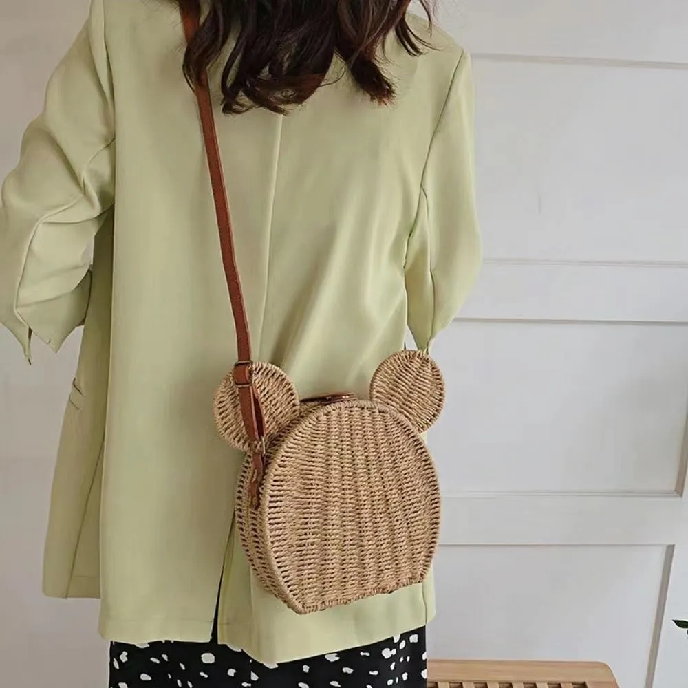 Straw Crossbody Bags for Women Trendy Beach Summer Cute Mouse Ear Handmade Rattan Shoulder Woven Clutch Purse Vacation