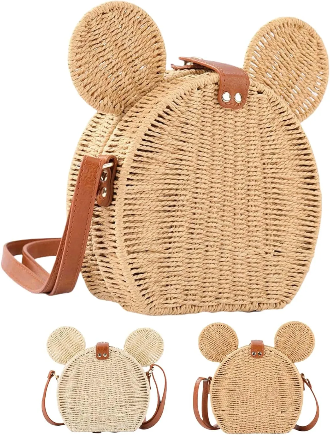 Straw Crossbody Bags for Women Trendy Beach Summer Cute Mouse Ear Handmade Rattan Shoulder Woven Clutch Purse Vacation