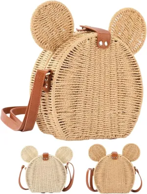 Straw Crossbody Bags for Women Trendy Beach Summer Cute Mouse Ear Handmade Rattan Shoulder Woven Clutch Purse Vacation
