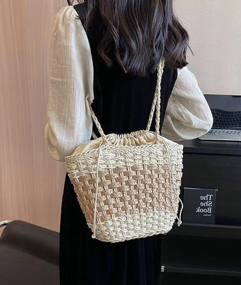 Straw Handbag Tote Bag for Women Summer Beach Drawstring Rattan Crossbody Bucket Bag Handmade Woven Hobo Purse