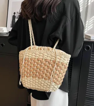 Straw Handbag Tote Bag for Women Summer Beach Drawstring Rattan Crossbody Bucket Bag Handmade Woven Hobo Purse