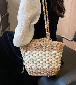 Straw Handbag Tote Bag for Women Summer Beach Drawstring Rattan Crossbody Bucket Bag Handmade Woven Hobo Purse