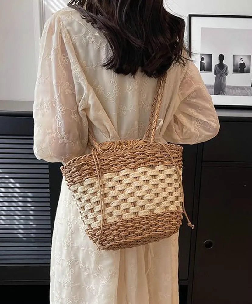 Straw Handbag Tote Bag for Women Summer Beach Drawstring Rattan Crossbody Bucket Bag Handmade Woven Hobo Purse
