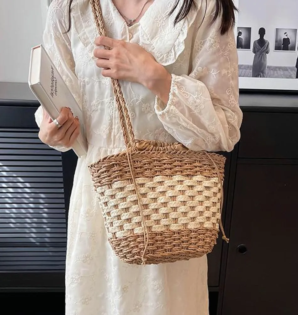 Straw Handbag Tote Bag for Women Summer Beach Drawstring Rattan Crossbody Bucket Bag Handmade Woven Hobo Purse
