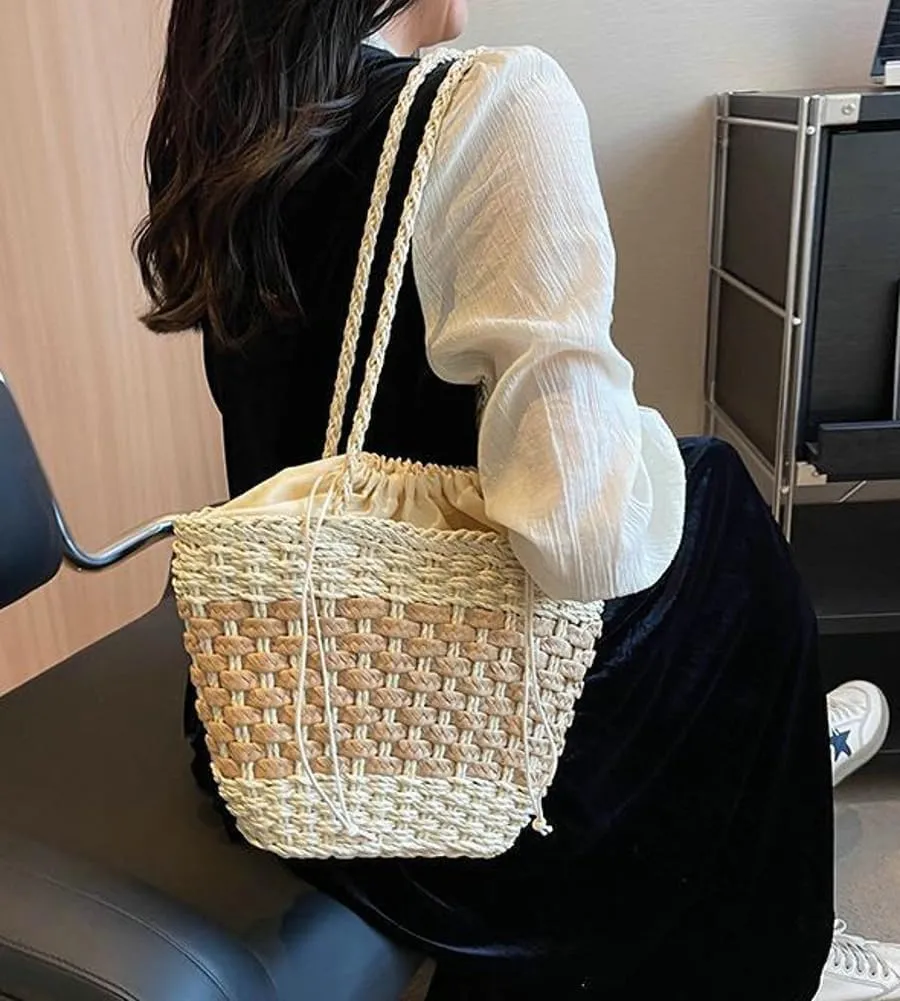 Straw Handbag Tote Bag for Women Summer Beach Drawstring Rattan Crossbody Bucket Bag Handmade Woven Hobo Purse