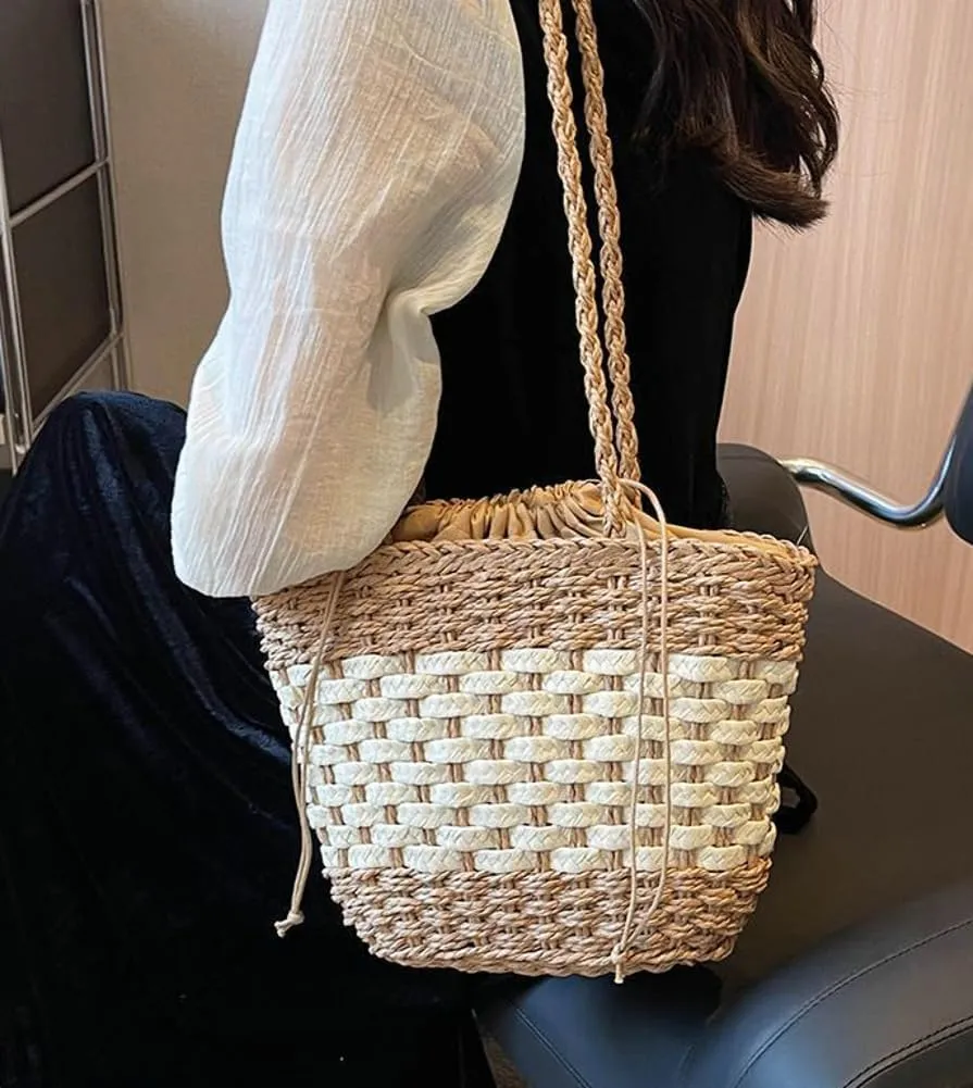 Straw Handbag Tote Bag for Women Summer Beach Drawstring Rattan Crossbody Bucket Bag Handmade Woven Hobo Purse
