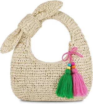 Straw Handbags Small Tote Purse Bow Knotted Straw Clutch with Tassels for Summer Beach Travel