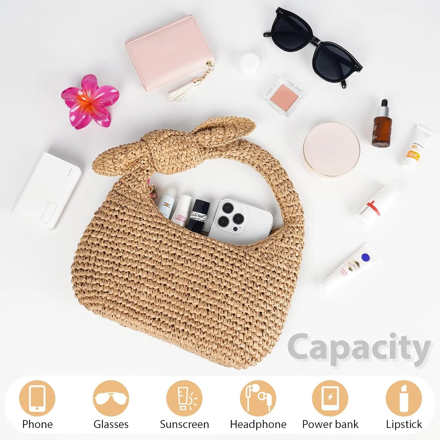 Straw Handbags Small Tote Purse Bow Knotted Straw Clutch with Tassels for Summer Beach Travel