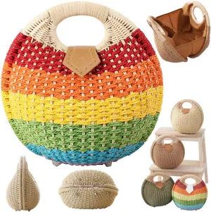 Straw Handbag,Women Hand Woven Tote,Beach Rattan Tote Bag,Retro Shell Bag