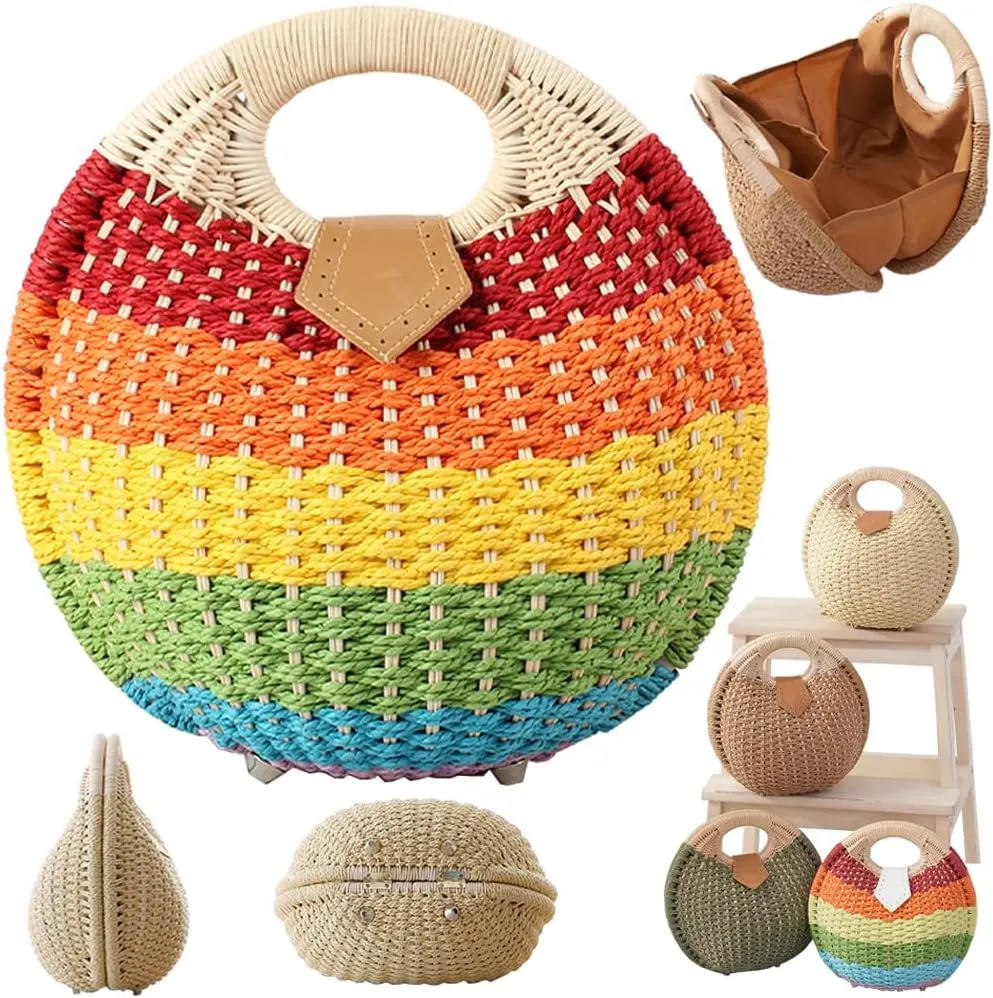 Straw Handbag,Women Hand Woven Tote,Beach Rattan Tote Bag,Retro Shell Bag