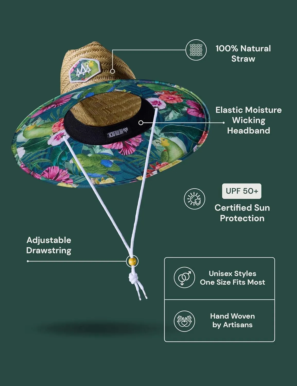 Straw Hat for Men & Women | Lifeguard Hat, Beach Hat & Sun Hat | UPF 50  Wide Brim for Sun Protection | One Size | Hemlock