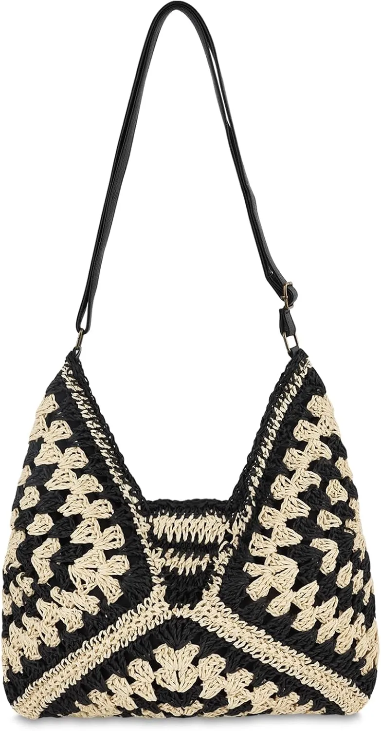 Straw Hobo Beach Bag for Women, Woven Tote Bag Summer Crochet Shoulder Bag,Vintage Foldable Handbag for Travel